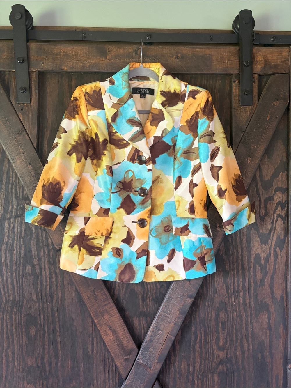 Kasper Yellow and Turquoise Floral Cropped Blazer - Size 8